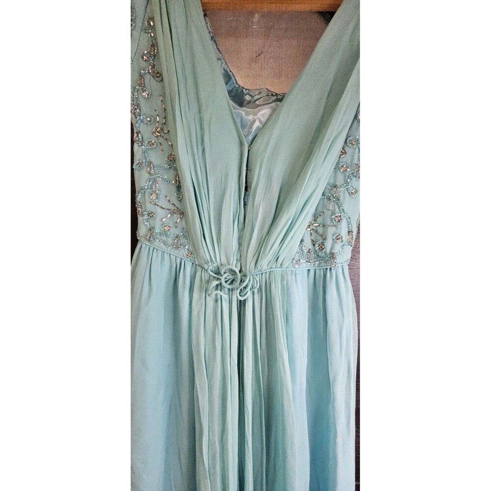 Vintage Lee Claire New York Aqua Beaded Chiffon Evening Gown w/ Back Sash - Picture 6 of 9